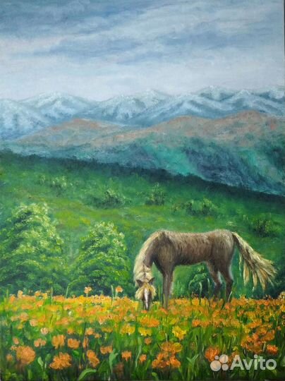 Картина маслом Пейзаж Горный луг Лошадь