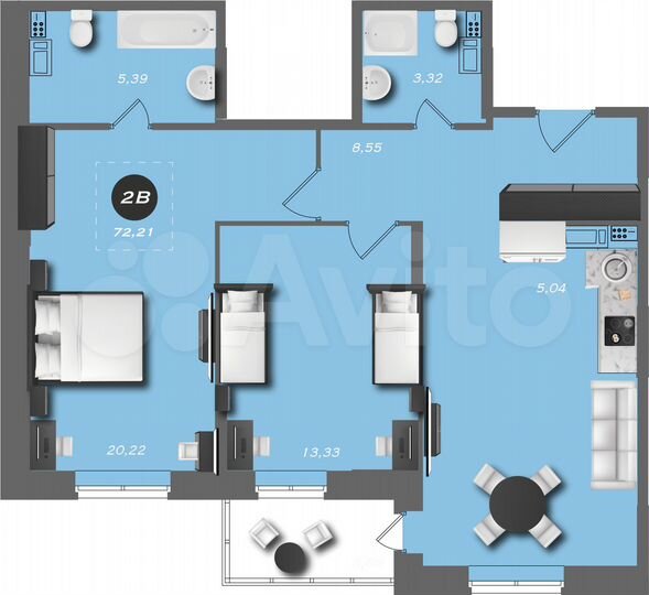2-к. квартира, 72,7 м², 8/22 эт.