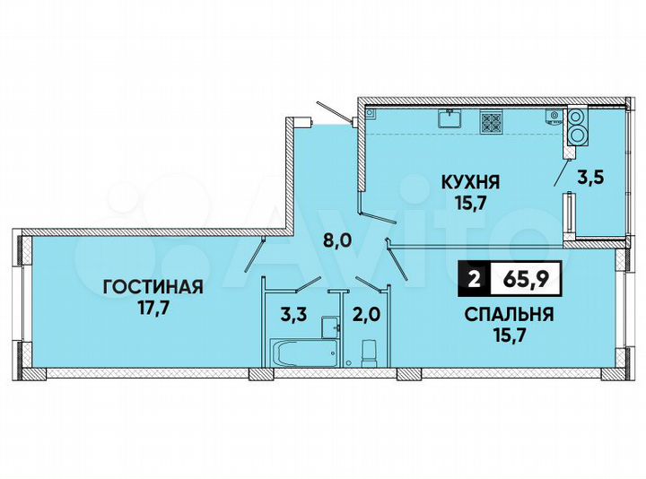 2-к. квартира, 66 м², 2/12 эт.