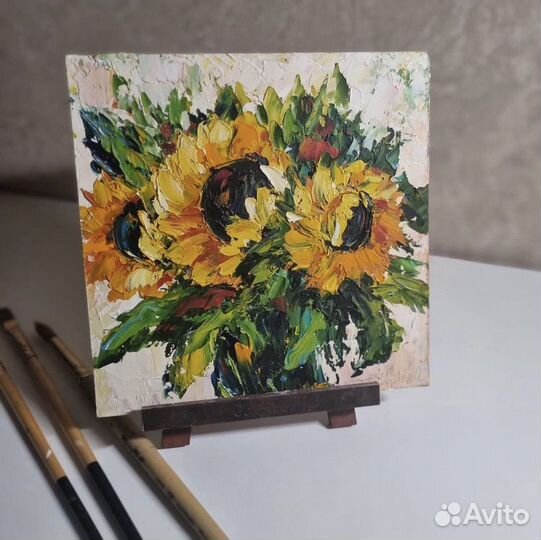 Картина маслом подсолнухи цветы 17*17 см