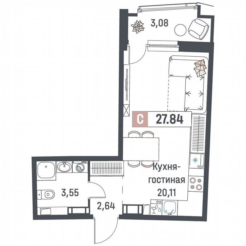 Квартира-студия, 27,8 м², 7/18 эт.