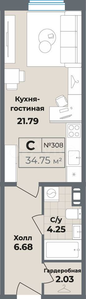 Апартаменты-студия, 34,1 м², 3/10 эт.