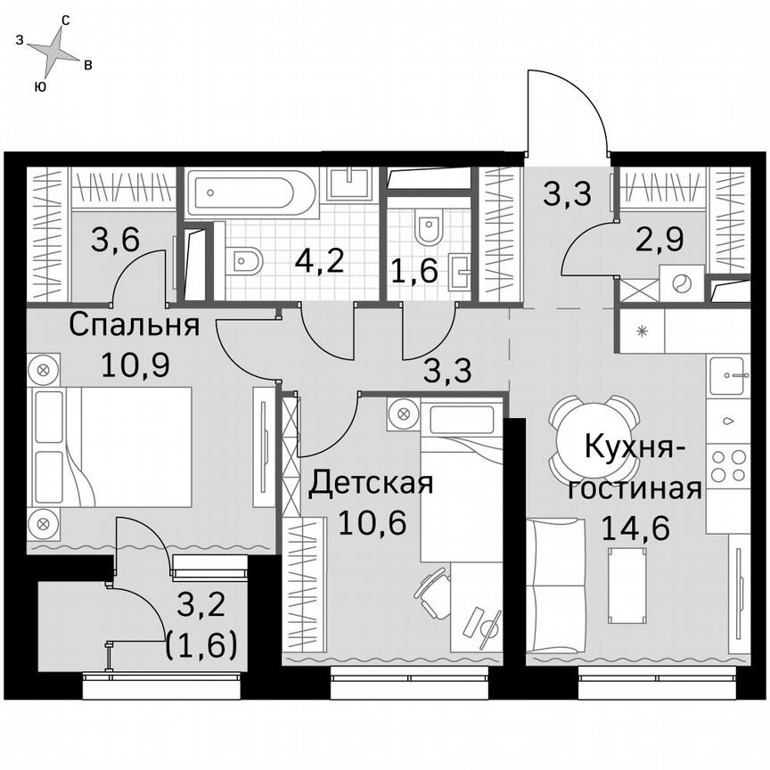2-к. квартира, 57,3 м², 5/5 эт.