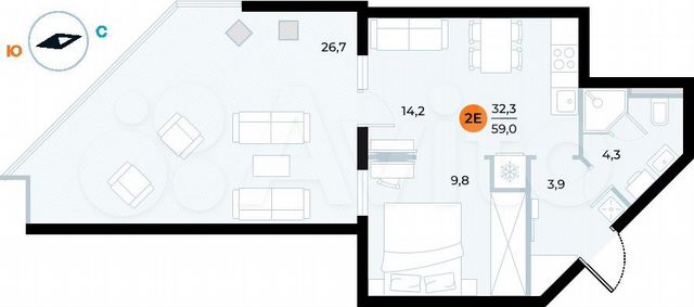 1-к. апартаменты, 59 м², 1/5 эт.
