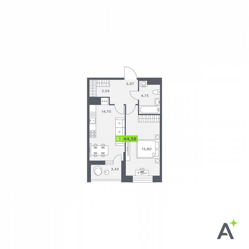 1-к. квартира, 44,6 м², 12/12 эт.
