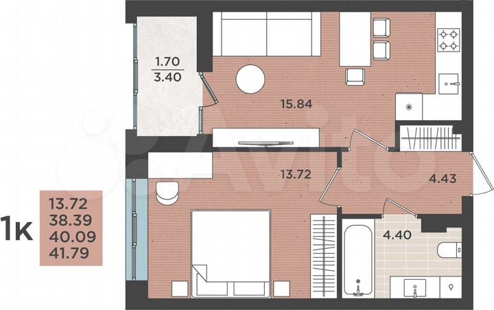 1-к. квартира, 40,1 м², 4/8 эт.