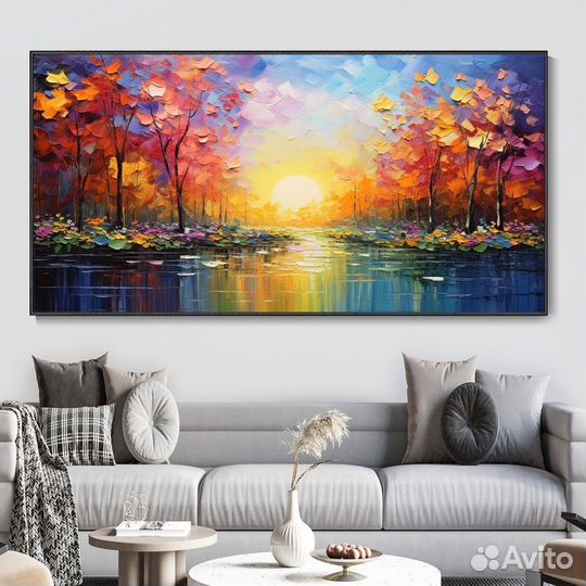 Картина маслом на холсте Осенний пейзаж с закатом