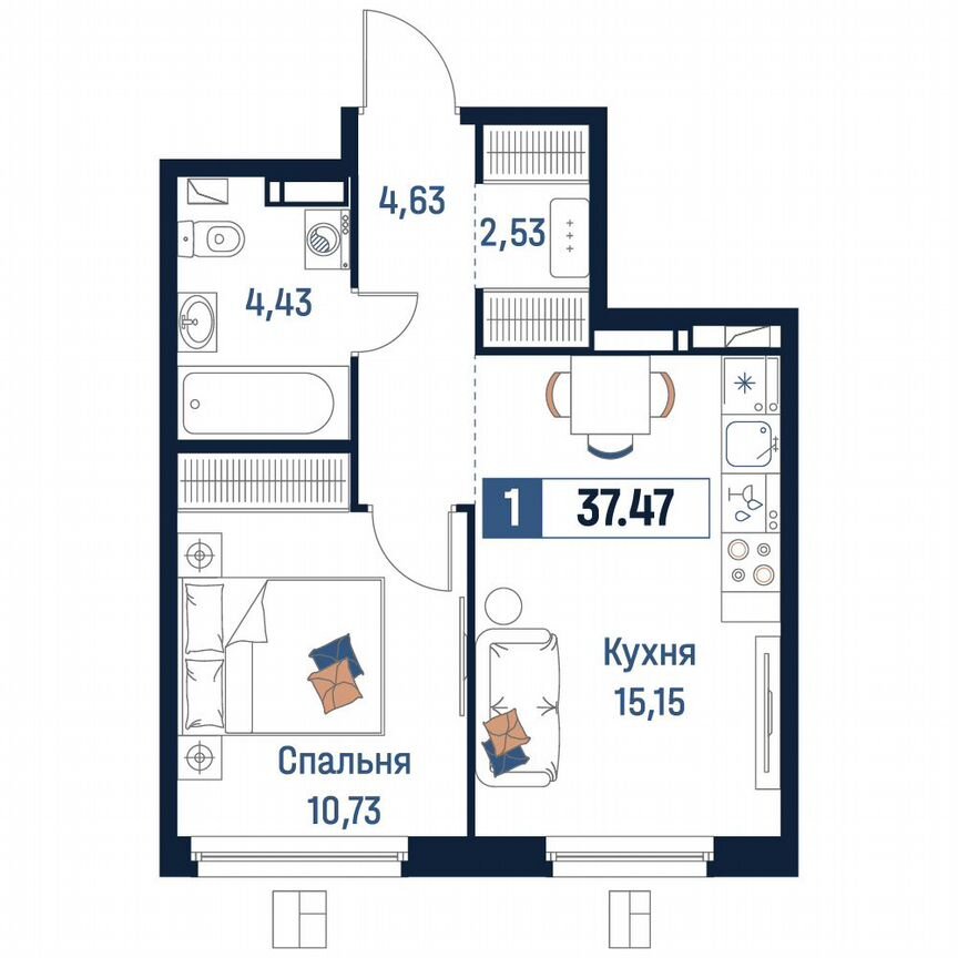 1-к. квартира, 37,5 м², 4/18 эт.