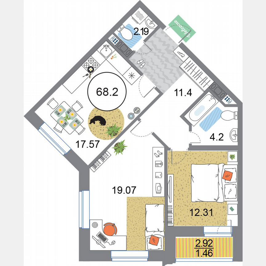 2-к. квартира, 68,2 м², 5/12 эт.