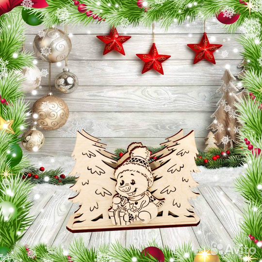 Салфетница новогодняя деревянная Снеговик