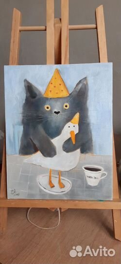 Картина маслом кот с чайкой бронь для Александра
