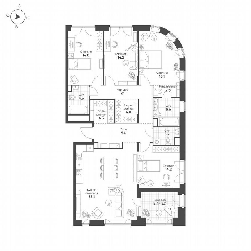 4-к. квартира, 141,1 м², 13/16 эт.