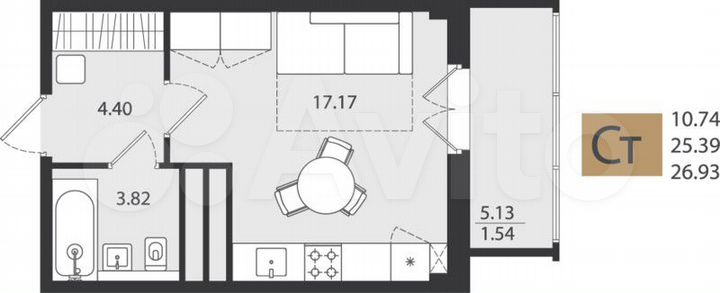Квартира-студия, 26,9 м², 4/16 эт.