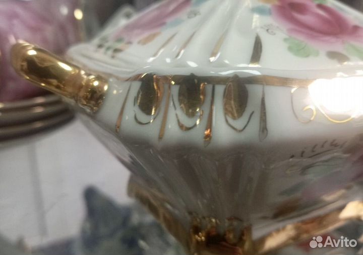 Розовая Гжель. Самовар и две конфетницы. Винтаж