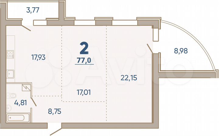 2-к. квартира, 77 м², 3/7 эт.