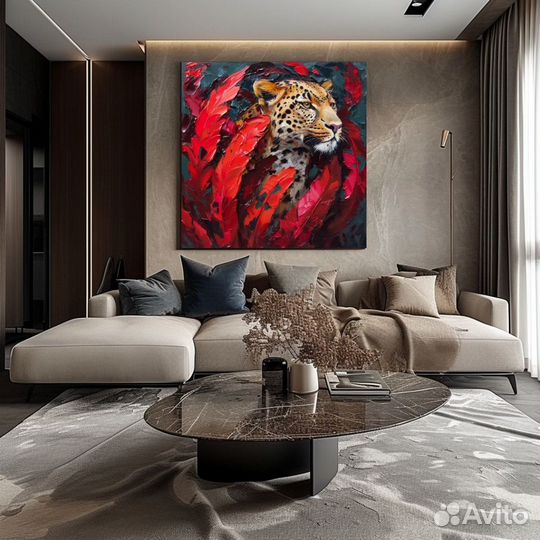 Картина маслом 3Д текстурная леопард в перьях Уют