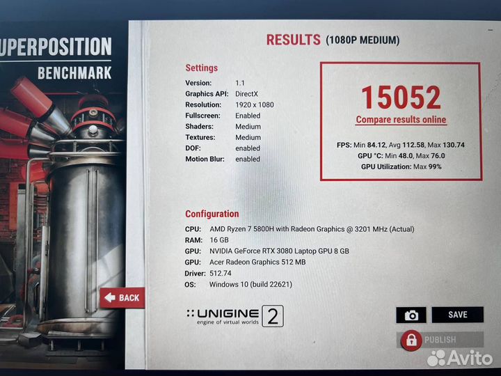 Ноутбук Acer Nitro Ryzen 7 8 ядер/ RTX 3080 8Gb