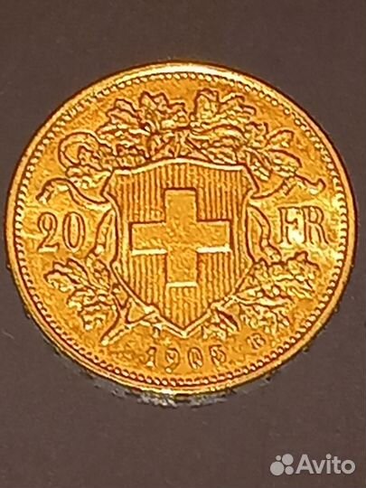 Золотая монета 20 франков,1905 г.,6,45 гр 900 пр