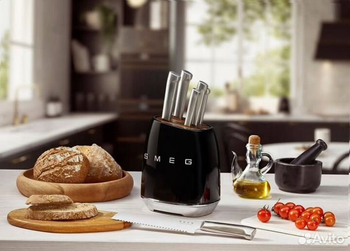 Набор кухонных ножей smeg темно серый + подставка