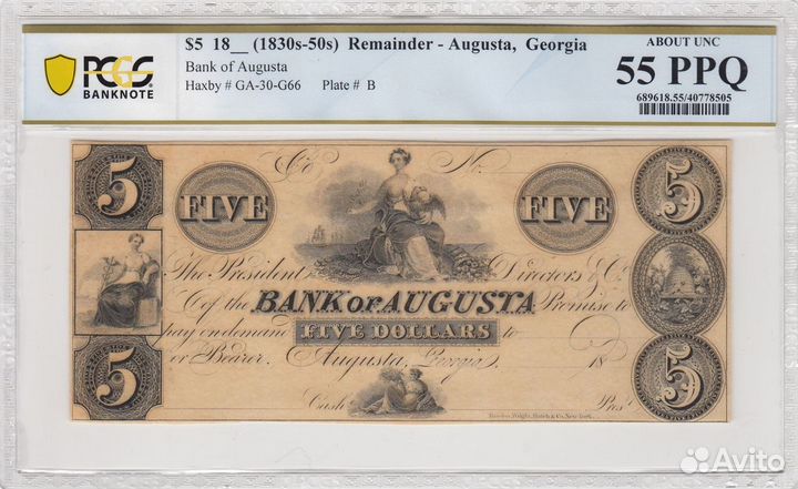 Банкнота 1830 года Джорджия слаб pcgs 55 PPQ