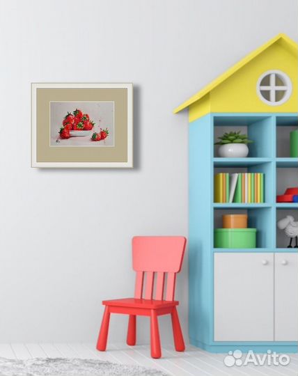 Картина с ягодами клубники, акварель 21 30 см