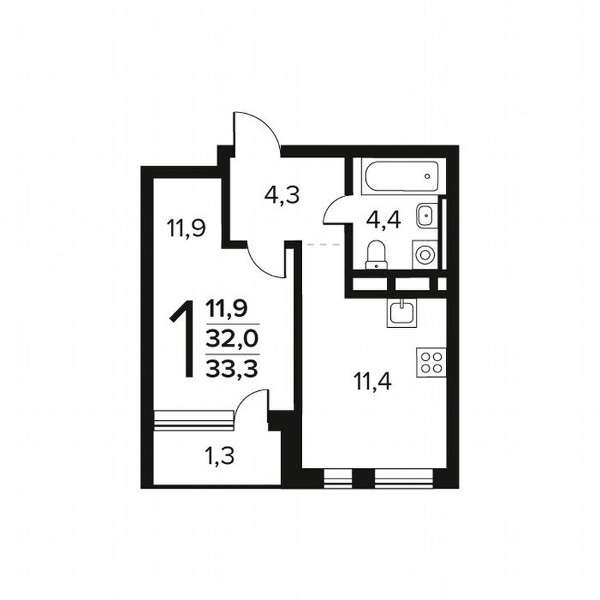 1-к. квартира, 33,3 м², 10/12 эт.