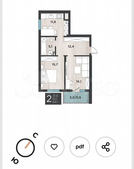 2-к. квартира, 64,1 м², 7/8 эт.