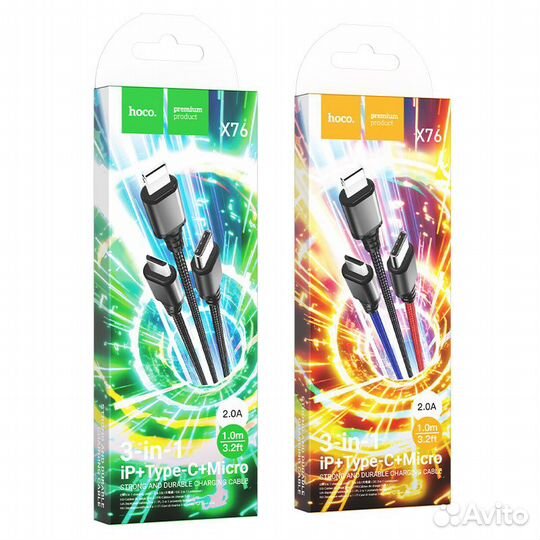 Hoco X76 3-in-1 (Lightning+Type-C+Micro) 1M, 2.0А