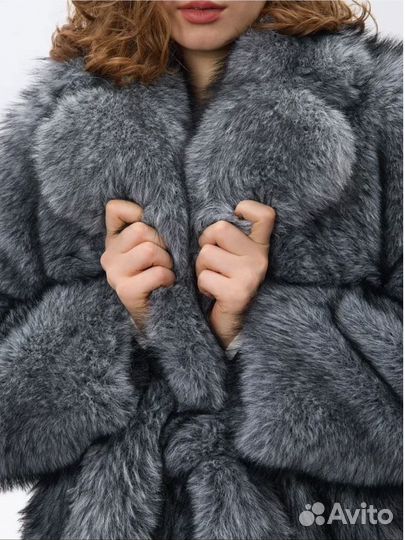 Шуба искусственная чернобурка длинная с поясом