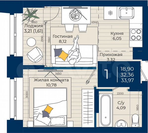 1-к. квартира, 34 м², 4/20 эт.