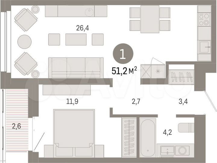 1-к. квартира, 51,2 м², 4/17 эт.