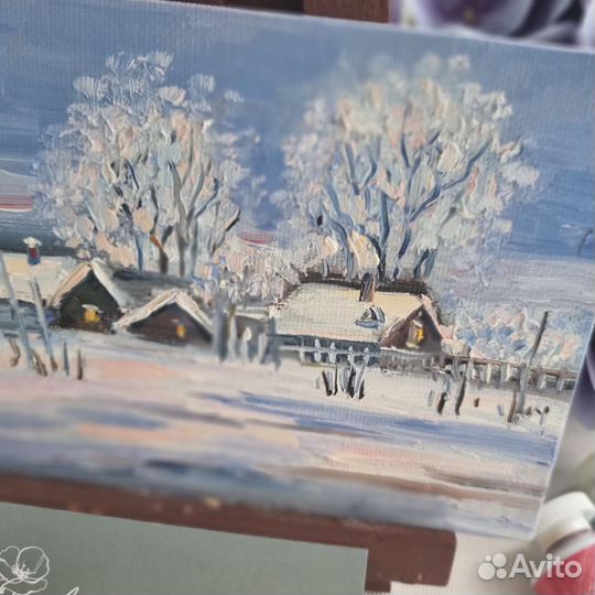 Картина маслом пейзаж зимний миниатюра деревня