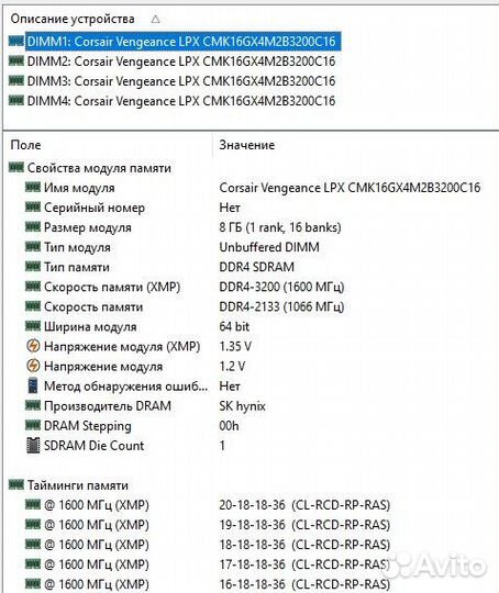 Оперативная память 32Гб DDR4 3200CL16 corsair veng