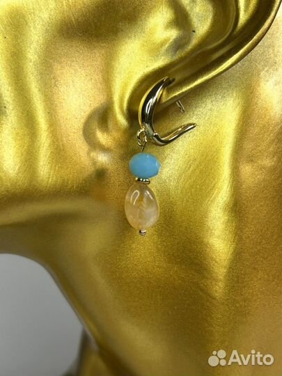 Серьги с янтарем под золото