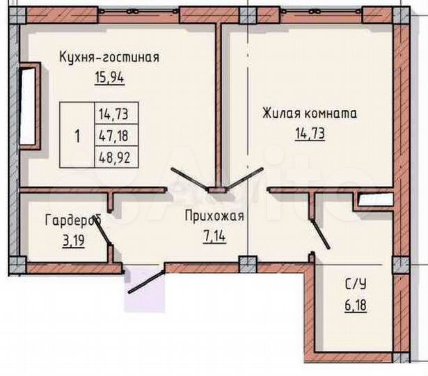 1-к. квартира, 48,9 м², 4/14 эт.