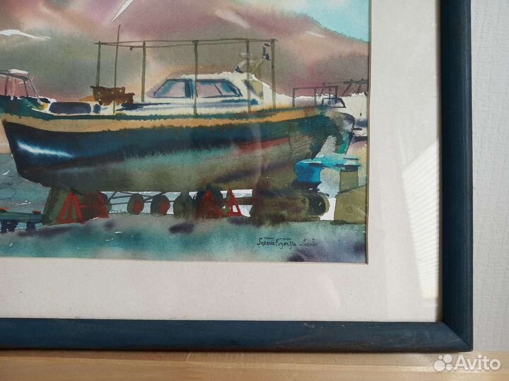 Пейзаж с катером. Акварель