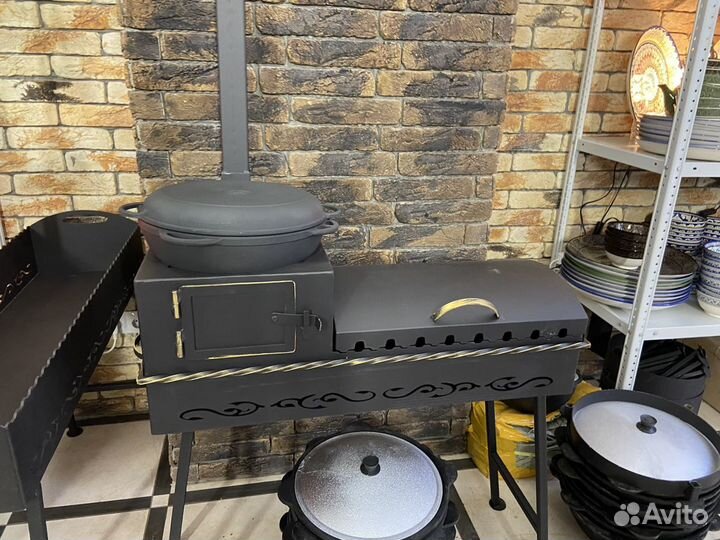Мангал с печкой под казан с крышкой гриль