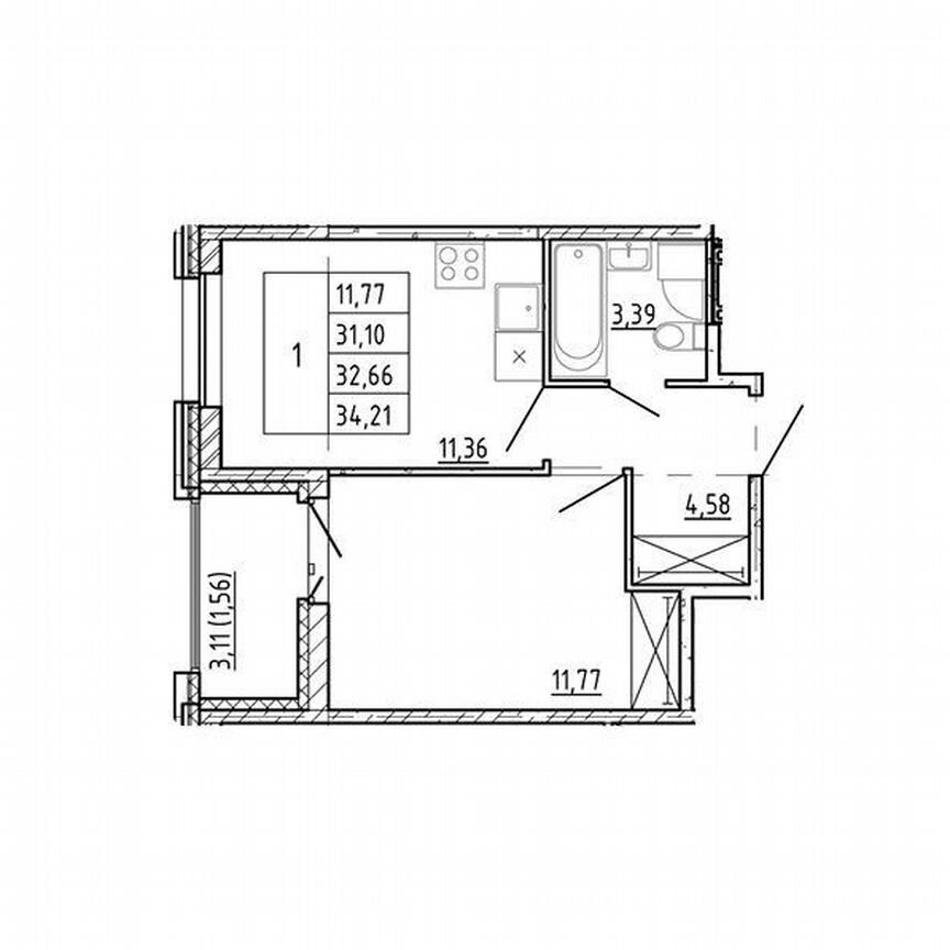 1-к. квартира, 34,2 м², 6/12 эт.