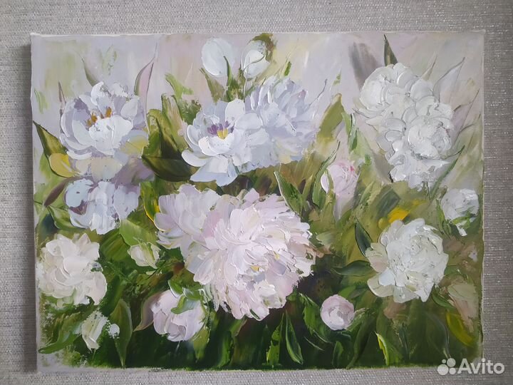 Картина маслом белые пионы