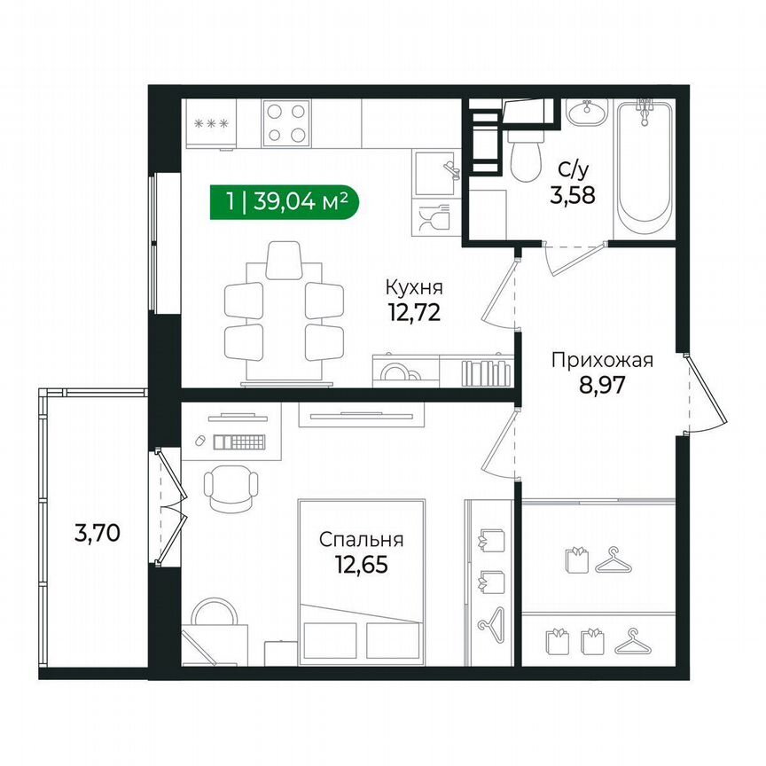 1-к. квартира, 39 м², 6/8 эт.
