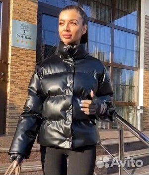 Куртка кожаная пуховик эко кожа черная