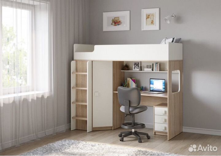 Кровать чердак со столом и шкафом