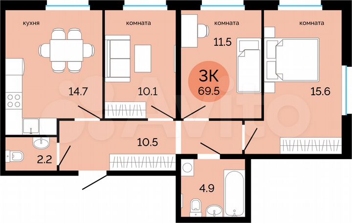 3-к. квартира, 69,5 м², 6/17 эт.