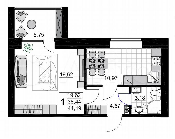 1-к. квартира, 44,2 м², 3/5 эт.