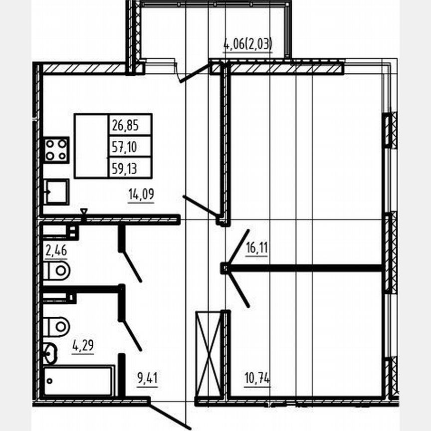 2-к. квартира, 57,1 м², 4/4 эт.