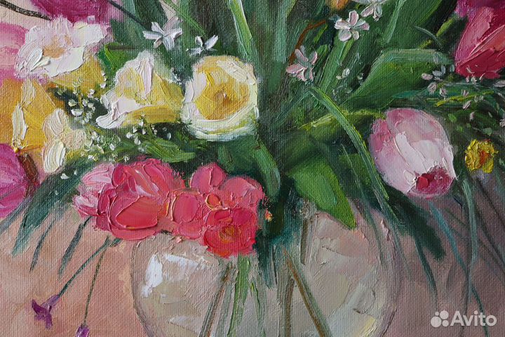 Картина маслом Цветы Тюльпаны 35х40см холст картон