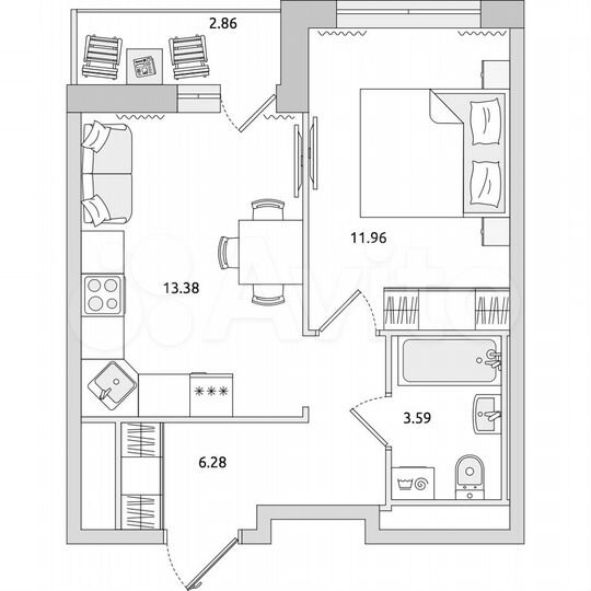 1-к. квартира, 38,1 м², 13/21 эт.