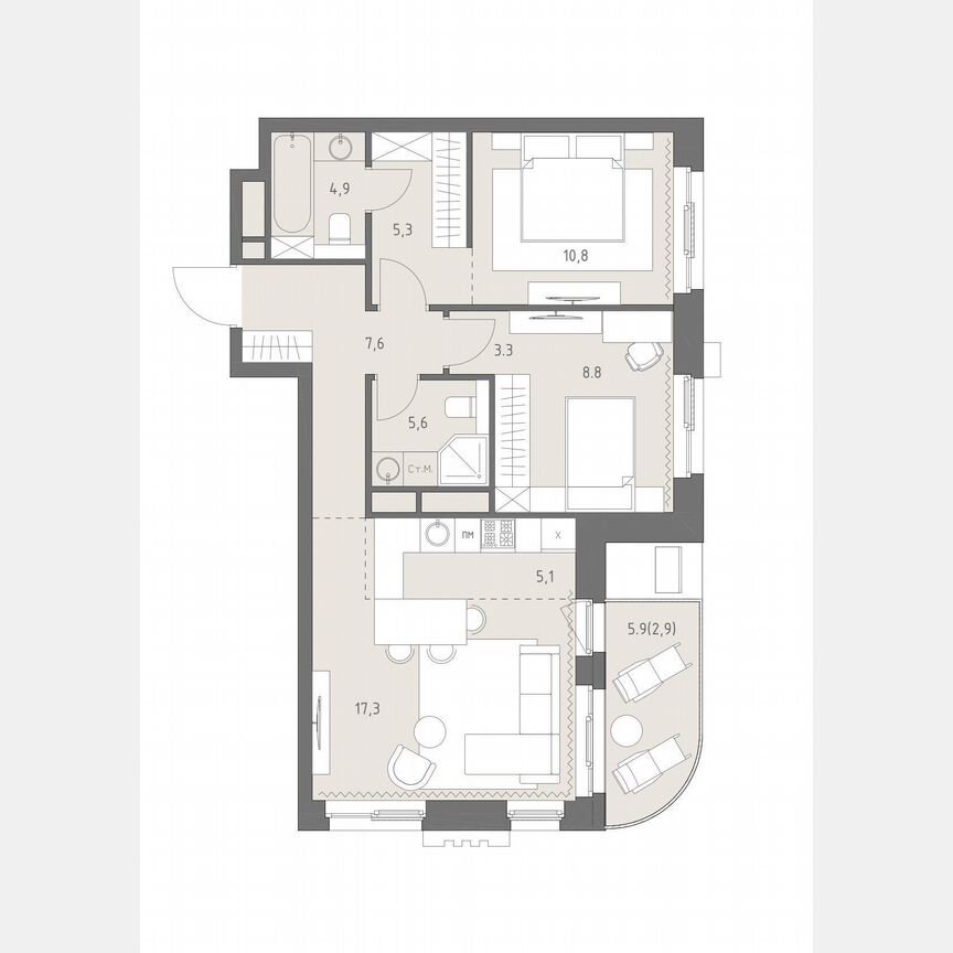 3-к. квартира, 71,6 м², 2/19 эт.