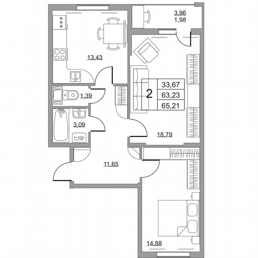 2-к. квартира, 65,2 м², 5/19 эт.