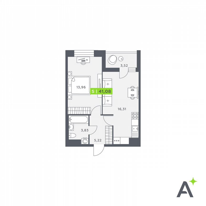 1-к. квартира, 41,1 м², 7/12 эт.